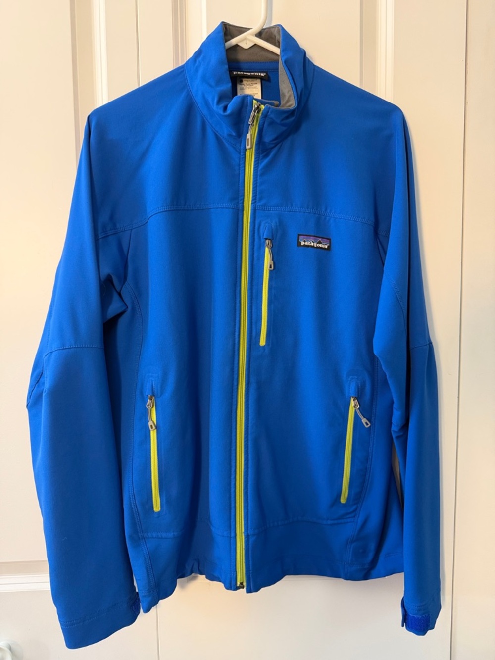 Patagonia Royal Blue Softshell Jacket with Neon Yellow Zippers